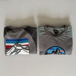 Patagonia Mens Organic Cotton Long Sleeve Thick Shirt Graphic Logo Grey Set of 2